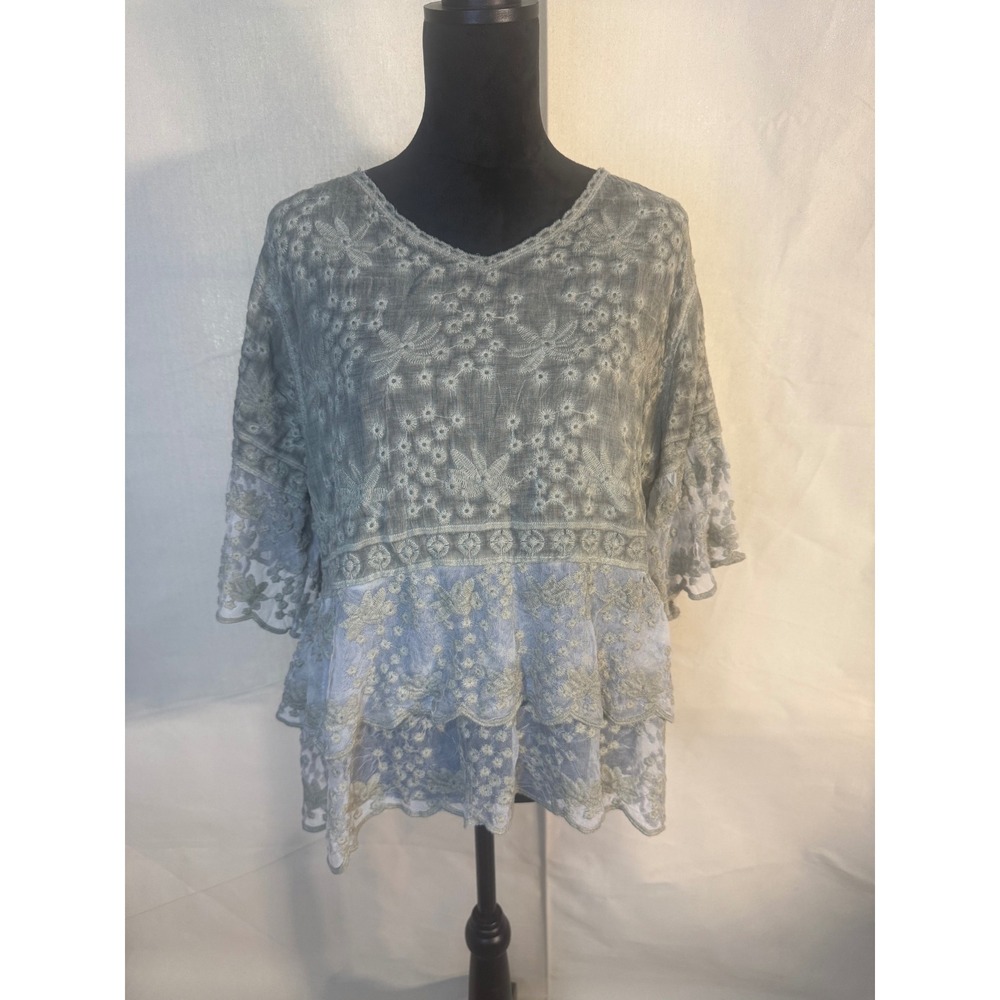 Adora Grey Sage Green Embroidered Lace Boho Tiered Peplum Blouse Flutter Sleeve